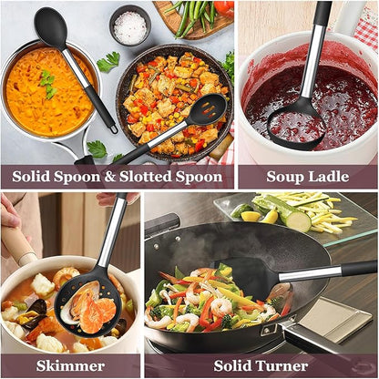 TeamFar Kitchen Utensils Set of 8, Silicone Utensils Kitchen Tools Set with Stainless Steel Handle, for Frying Serving Flipping Draining, Non-toxic & Heatproof, Nonstick & Dishwasher Safe - Black - Image 5