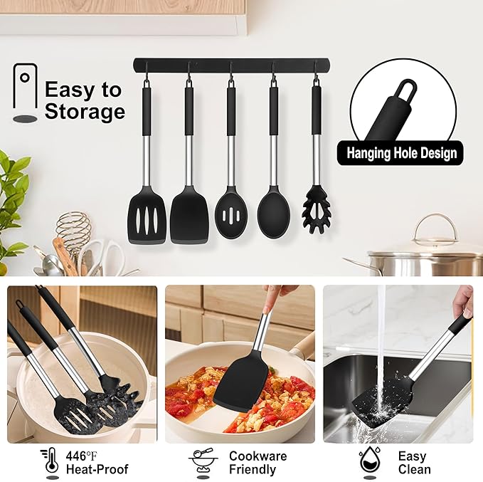 TeamFar Cooking Utensils Set, 5 PCS Silicone Kitchen Utensils with Stainless Steel Handle, for Nonstick Cookware Flipping Frying Turning Draining, Heatproof & Healthy, Nonstick & Easy Clean, Black - Image 6
