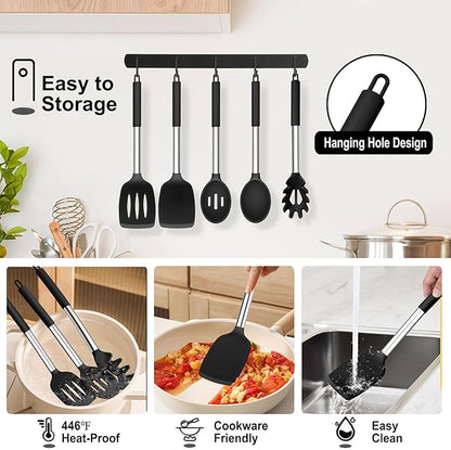TeamFar Cooking Utensils Set, 5 PCS Silicone Kitchen Utensils with Stainless Steel Handle, for Nonstick Cookware Flipping Frying Turning Draining, Heatproof & Healthy, Nonstick & Easy Clean, Black - Image 6