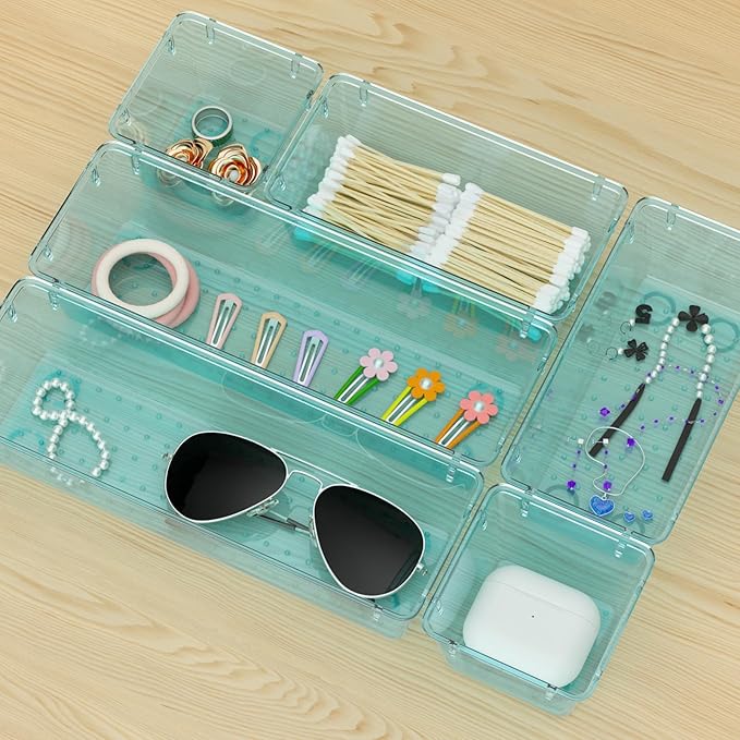 WOWBOX 6 Pack Clear Drawer Organizer Set, Acrylic Drawer Storage Trays, Storage Bins for Makeup, Cosmetics, Jewelries, Utensils, Gadgets, Office, Sea Blue - Image 7