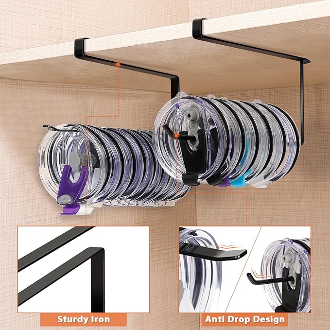 2 Pack Tumbler Lid Organizer, Horizontal Tumbler Lid Storage Hook Up to 20 Lids, Space Saving Cup Lid Holder Under Cabinet Tumbler Lid Hook for Kitchen Organizer, Paper Towel Hanger(Round&Flat, Black) - Image 3