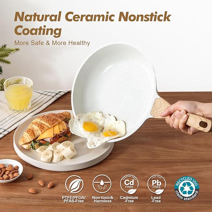 SENSARTE Nonstick Frying Pan Skillets, White Ceramic Coating Omelette Pans, Healthy Cookware Chef's Pan, Free of PTFE & PFAS (8+11Inch with Lid) - Image 2