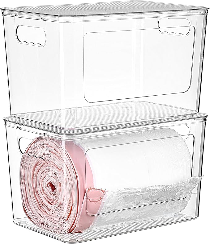 Vtopmart 2 Pack Trash Bag Holder, Stackable Garbage Bag Dispenser for 13/30/33 Gallon Bags, Clear Organizer Bins for Under Kitchen Sink, Laundry Room Organization and Storage by Vtopmart
