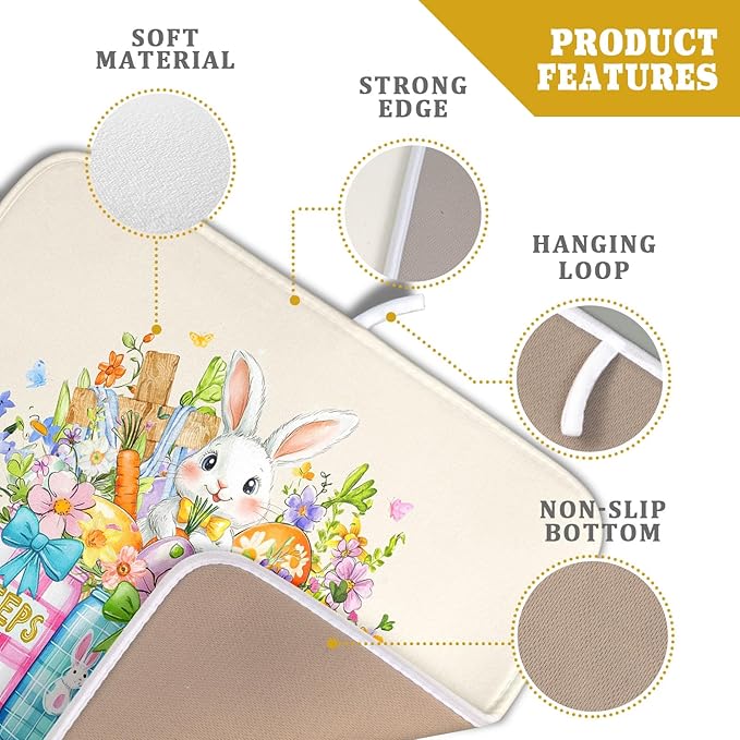Easter Bunny Carrots Dish Drying Mat for Kitchen Counter,Spring Colorful Flowers Mason Jar Drying Mat 16 x 18 Inch with Absorbent Reversible Microfiber Drying Pad for Coffee Bar - Image 4
