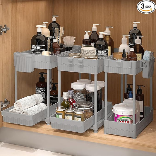 Sevenblue 3 Pack Under Sink Organizers, 2-Tier Multi-Use Kitchen and Bathroom Organizers and Storage with Sliding Drawers, Bathroom Cabinet Organizer (Gray, 12.8 Inch) by Sevenblue