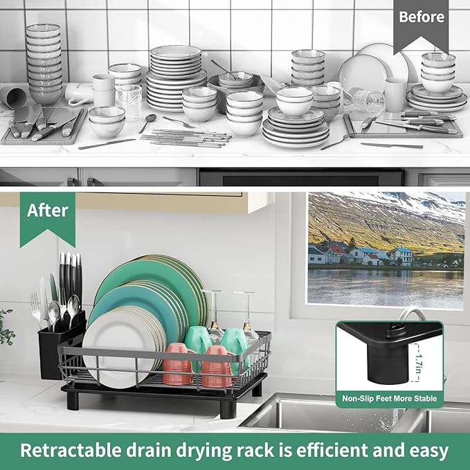 MOUKABAL Dish Drying Rack, Dish Rack, Stainless Steel Dish Racks for Kitchen Counter, Dish Drainer with Removable Utensil Holder, Drainboard (Grey,13''W x 17''L) - Image 7