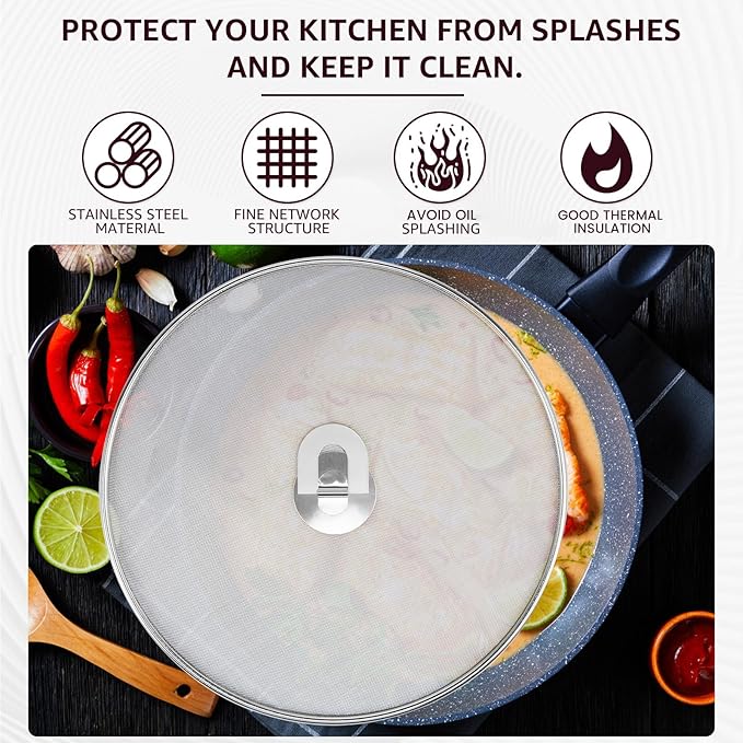 3PCS Stainless Steel Splatter Guard, 9.8" 11.4" 13" Frying Pan Splatter Screens, Fine Mesh Splash Proof Oil Splash Guard with Foldable Handle, Oil Proofing Lids Cooking Protector for Frying Cooking