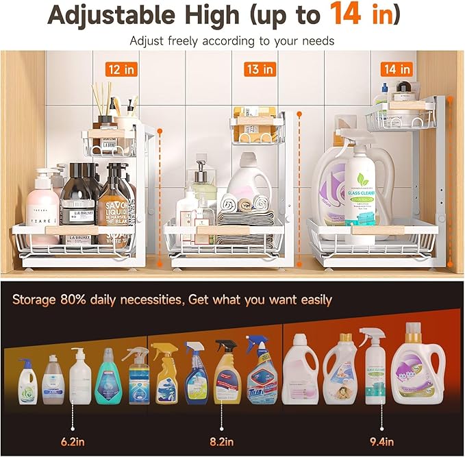 Sevenblue 2 Packs Under Sink Organizer, Height Adjustable 2 Tier Under Kitchen Sink Organizer, Multi-Purpose Storage Shelf for Kitchen Bathroom Cabinet (White, Extra Large) - Image 3