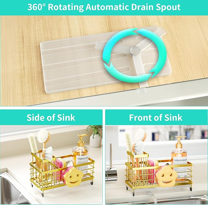 HapiRm Sink Caddy Sponge Holder - Self-draining Kitchen Sink Organizer with Smiley Face and Brush Holder, Stainless Steel Kitchen Organizer for Countertop - Gold - Image 2