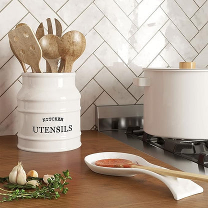 Barnyard Designs Ceramic Farmhouse Utensil Holder for Kitchen Counter, Large Rustic Utensil Crock, Countertop Cooking Tool Spatula Organizer, 6.75” (White) - Image 3