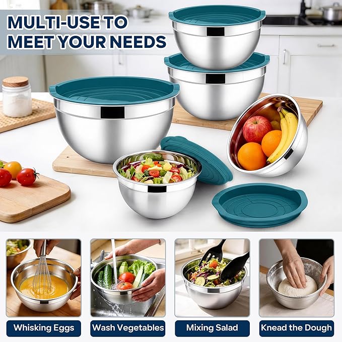 E-far Mixing Bowls With Lids Sets of 5, 10-Piece Stainless Steel Salad Metal Nesting Bowl for Baking Cooking and Prepping, Airtight Lid & Stackable Design, Size 4.6, 3, 2.1, 1.5, 0.7 QT, Blue - Image 5