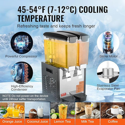 VEVOR Commercial Beverage Dispenser, 2 Tanks 10 L / 10.6 QT Per Tank Juice Dispenser, 270W Stainless Steel Ice Tea Drink Machine with 45°F-54°F Cooling Temperature, for Cold Drink Restaurant Bar Party - Image 3