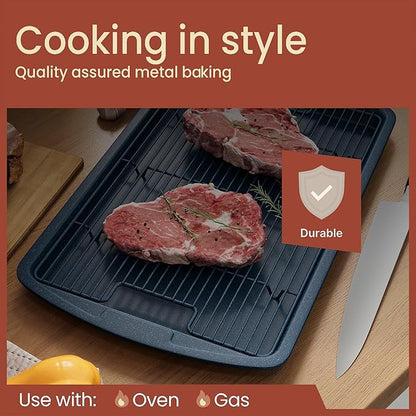Cookie Sheet with Wire Rack Set, 2-Piece Nonstick Blue Marble Carbon Steel Pan & Cooling Rack, Space-Saving Stackable Set, PFOA, PFOS, PTFE Free, Oven Safe Up to 450°F, 17.4" Pan & 14.7" Rack - Image 3