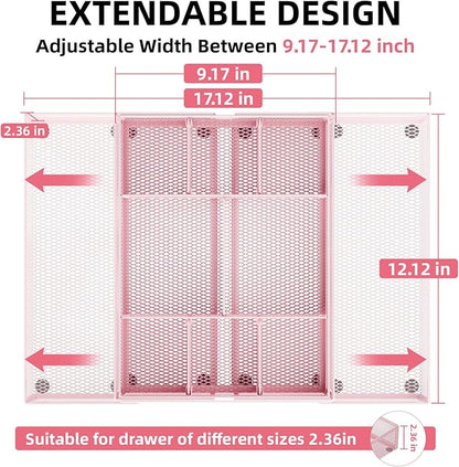 Marbrasse Expandable Desk Drawer Organizer, Mesh Tray with 10 Adjustable Compartments, Desk Organizers for Office Supplies, Makeup & Vanity (Expandable-Pink) - Image 2