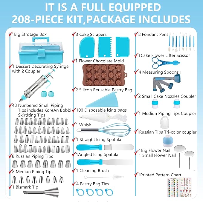 Gawren-H&E 208 PCS Cake Decorating Kit,Baking Supplies with Dessert Decorating Syringe Set,Storage Case,Icing Piping Bags and Tips Set For Cookies, Cupcake & Cake Decorating Supplies for Beginners