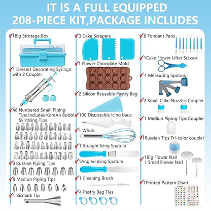 Gawren-H&E 208 PCS Cake Decorating Kit,Baking Supplies with Dessert Decorating Syringe Set,Storage Case,Icing Piping Bags and Tips Set For Cookies, Cupcake & Cake Decorating Supplies for Beginners
