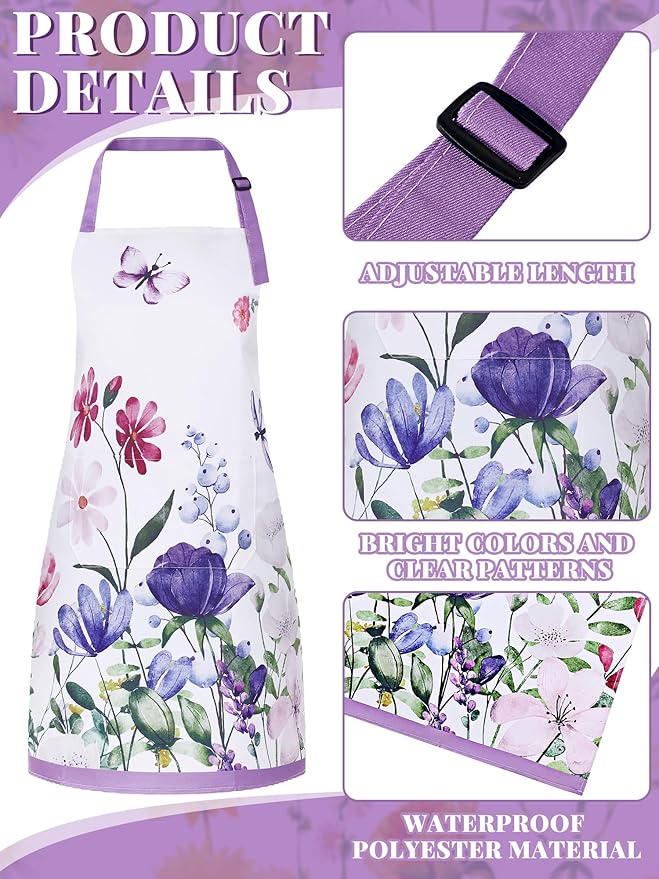 Bencailor 6 Pcs Spring Kitchen Aprons with Pockets Flower Rooster Bee Butterfly Sunflower Summer Aprons Bulk for Women(Multicolored,Spring Floral) - Image 5