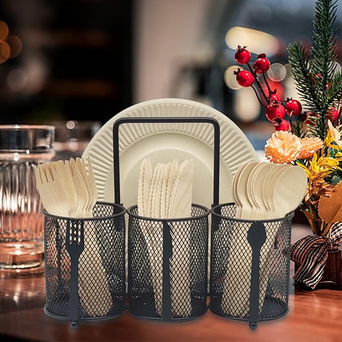 DysanVica Utensil Caddy Silverware Holder - 4 Compartment Metal Mesh Cutlery Fork Spoon Napkin Plate Organizer Flatware Storage Basket Party Kitchen Countertop Buffet Picnic Camping Outdoor BBQ Black - Image 6