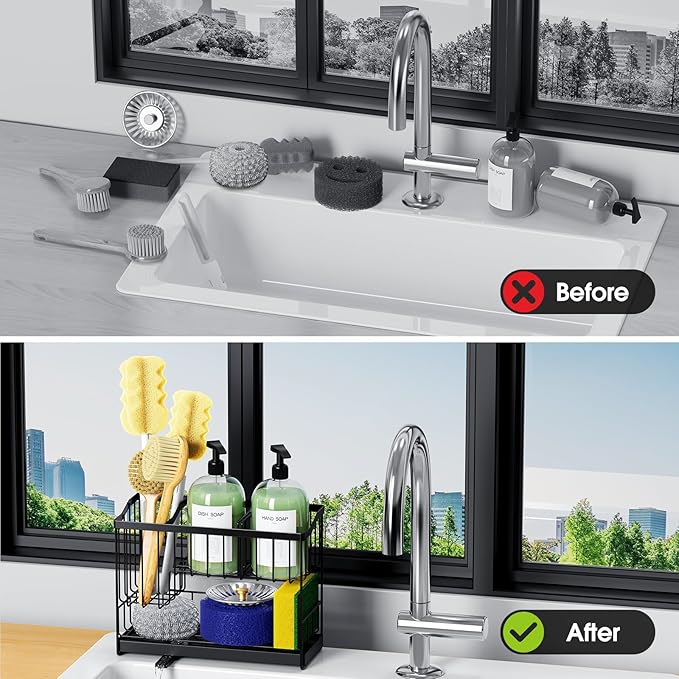Kitchen Sink Caddy, 2-Tier Self-Draining Sponge & Dish Brush Holder, Rustproof 304 Stainless Steel Space-Saving Organizer with Drying Tray, Black - Image 5