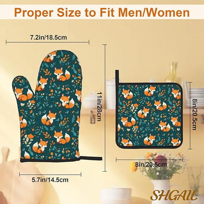 Fall Oven Mitts and Hot Pads Set - Fox Leaves Design, Heat Resistant Cute Pot Holders for Kitchen, Baking Gifts for Women