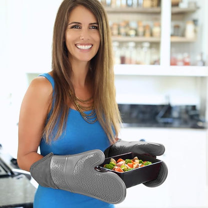 BPA-Free Soft Silicone Oven Mitts - Ultra Heat Resistant Oven Mitts with Thick Cotton Liner - Extra Long Slip Resistant Pot Holders, Flexible Oven Gloves - Gray 14.7" - Image 7