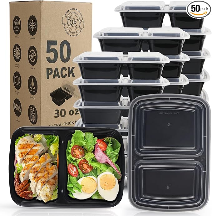 WGCC Meal Prep Containers 2 Compartment- 50Pack 30OZ Food Prep Containers With Lids, Disposable To Go Food Containers, Take Out, Stackable, Leakproof & Food Safe, Microwave, Freezer, Dishwasher Safe by WGCC