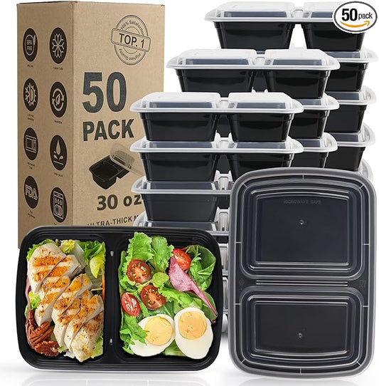 WGCC Meal Prep Containers 2 Compartment- 50Pack 30OZ Food Prep Containers With Lids, Disposable To Go Food Containers, Take Out, Stackable, Leakproof & Food Safe, Microwave, Freezer, Dishwasher Safe by WGCC