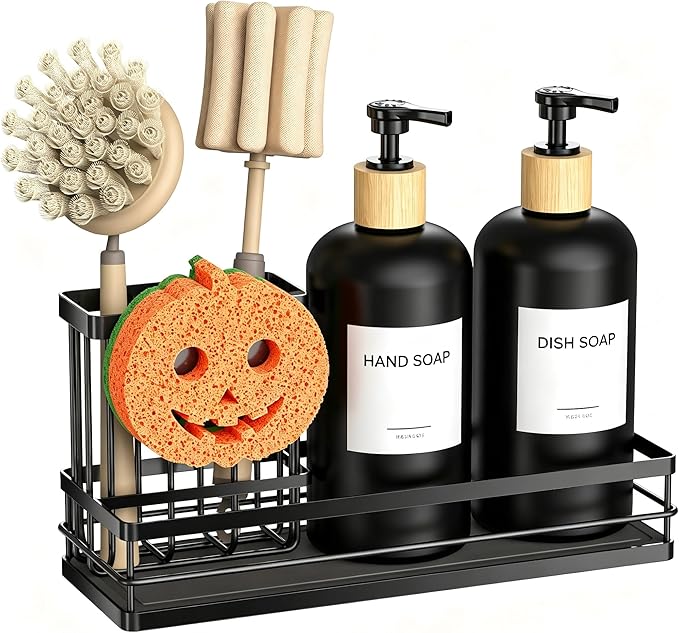 Moforoco Kitchen Dish Soap Dispenser Set, 16OZ Glass Bottle, Hand and Dish Soap Dispenser Set, Instant Dry Tray, Brush Holder with Smiley Face Sponge Holder (Black Tray+Black Bottle+Labels) by MOFOROCO
