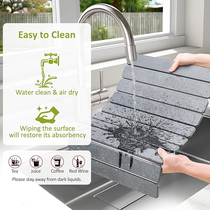 Large Stone Dish Drying Mat for Kitchen Counter, 24"(L)×16"(W), Collapsible Quick Dry Stone Dish Mats, Super Absorbent Diatomaceous Earth Drying Pad for Dishes Bottles Cups, Countertops (Light Grey) - Image 5
