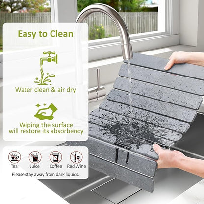 Large Stone Dish Drying Mat for Kitchen Counter, 24"(L)×16"(W), Collapsible Quick Dry Stone Dish Mats, Super Absorbent Diatomaceous Earth Drying Pad for Dishes Bottles Cups, Countertops (Light Grey) - Image 5