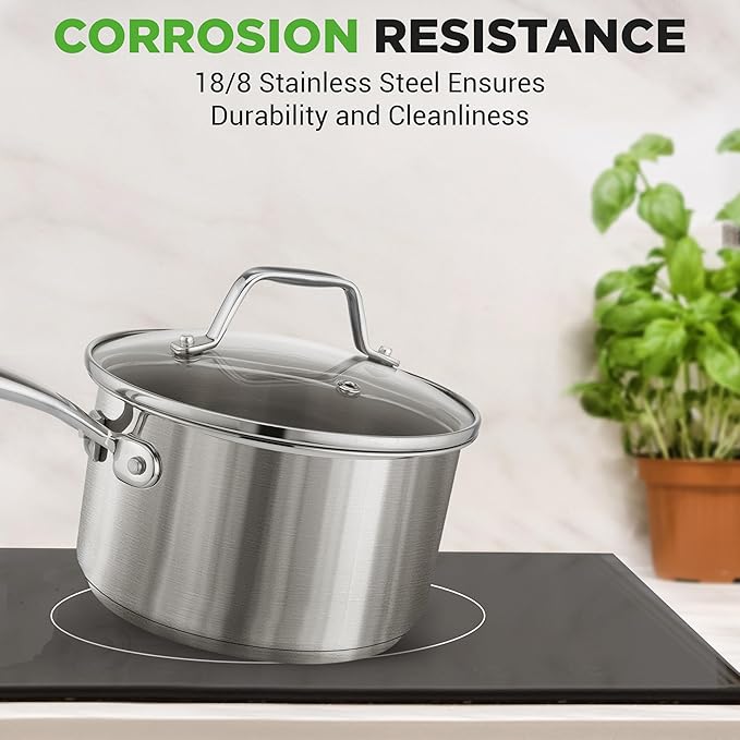 NutriChef 2-Quart Stainless Steel Saucepan - 18/8 Food Grade Heavy Duty Cookware, Sauce Pot, Stew Pot, Simmering Pot Kitchenware w/See Through Lid, Dishwasher Safe, For Induction Gas Ceramic Cooktops