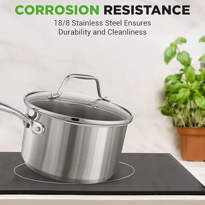 NutriChef 2-Quart Stainless Steel Saucepan - 18/8 Food Grade Heavy Duty Cookware, Sauce Pot, Stew Pot, Simmering Pot Kitchenware w/See Through Lid, Dishwasher Safe, For Induction Gas Ceramic Cooktops