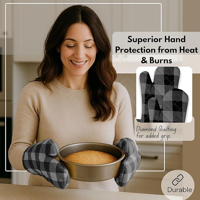 Native Fab Buffalo Plaid Check Oven Mitts and Pot Holders Set of 4, 100% Cotton Heat Resistant Kitchen Gloves, 2 Oven Mitts (7x13), 2 Pot Holders (8x8) for Cooking & Baking, Ash Grey Black - Image 3