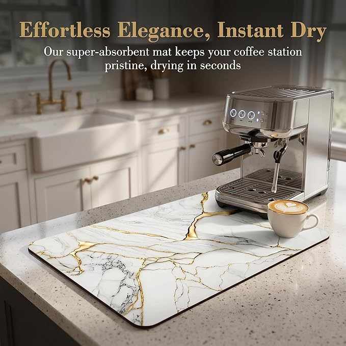 Coffee Mat or Dish Drying Mat Super Absorbent Drying Marble pattern Mat, Fit Under Coffee Maker Espresso Machine Absorbent Hide Stain Rubber Backed Dish Drying Mat for Kitchen Counter (12″x 20″white)