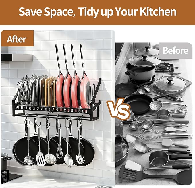 Housolution Pan Rack Wall Mounted, 24.8" Vertical Lid Organizer with 14 Adjustable Dividers, Heavy Duty Hanging Cookware Holder Hanger with 6 S-Hooks & 6 Vertical Hooks - Image 6