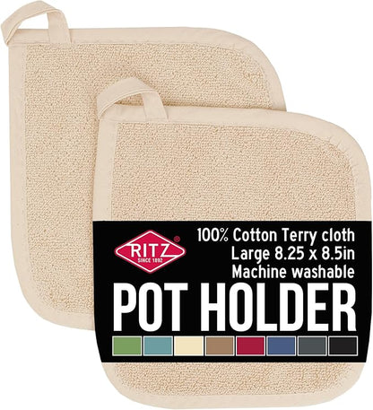 RITZ Terry Potholder & Hot Pad: Unparalleled Heat Resistant, Durable 100% Cotton – Ergonomically Designed for Optimal Grip – Easy-Care Machine Washable – 2-Pack, Latte by Ritz+Foodservice