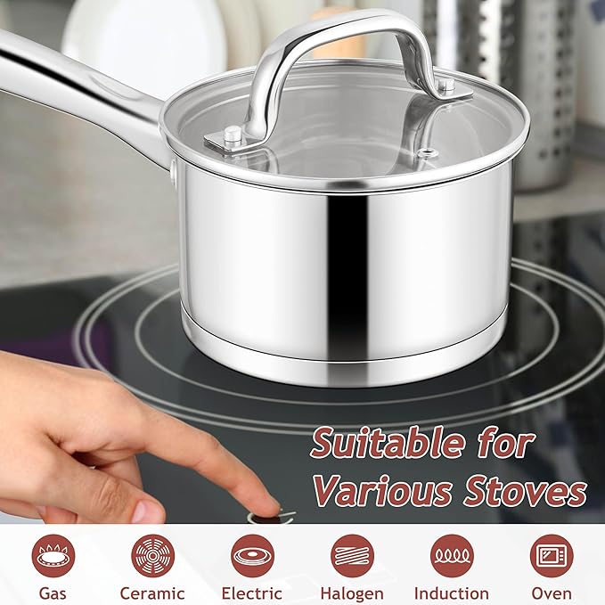 E-far 1 Quart Saucepan with Lid, Stainless Steel Small Sauce Pan Boiling Pot for Cooking, Compatible with All Stoves, Healthy & Non Toxic, Oven & Dishwasher Safe - Image 3