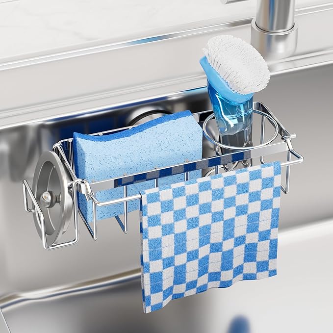 TAILI 4-in-1 Sink Caddy with Strong Suction Cup, Sponge Holder for Kitchen Sink Organizer, Removable, Rustproof, Stainless Steel Holder for Sponge, Brush, Scrubber, Scraper - Silver by TAILI