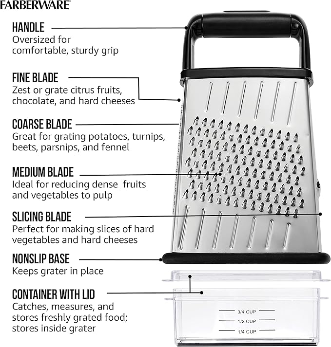 Farberware Professional 4-Sided Slim Stainless Steel Heavy Duty Kitchen Box Grater with Detachable Clear Storage Container, Perfect for Parmesan Cheese, Vegetables, Ginger, with Lemon Zester - Image 3