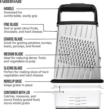 Farberware Professional 4-Sided Slim Stainless Steel Heavy Duty Kitchen Box Grater with Detachable Clear Storage Container, Perfect for Parmesan Cheese, Vegetables, Ginger, with Lemon Zester - Image 3