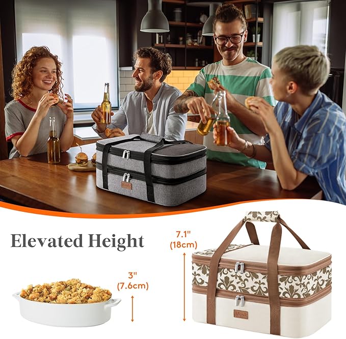 Lifewit Insulated Double Decker Casserole Carrier, Expandable Lasagna Lugger Tote Bag for Hot or Cold Food, Fits 9" x 13" Baking Dish for Potluck Parties, Picnic and Cookouts, Cream-Flowers