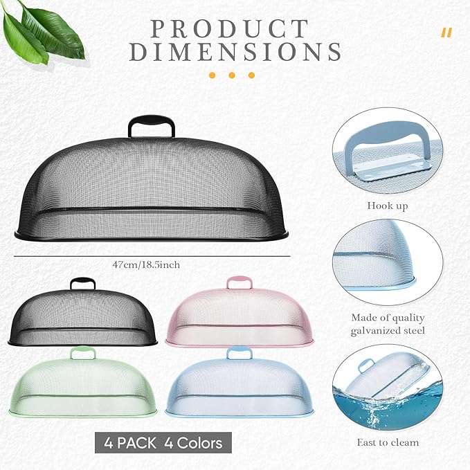 Hicarer 4 Pcs Metal Mesh Screen Food Cover for Outdoors Set Large 18.5 Inch Mesh Food Tents for Outdoor Mesh Food Covers Picnic Food Covers for Indoor Plate (Black, Blue, Green, Pink) - Image 2