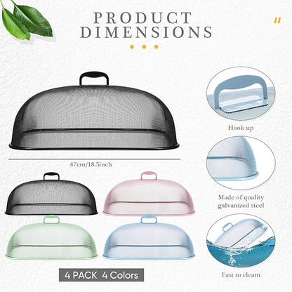 Hicarer 4 Pcs Metal Mesh Screen Food Cover for Outdoors Set Large 18.5 Inch Mesh Food Tents for Outdoor Mesh Food Covers Picnic Food Covers for Indoor Plate (Black, Blue, Green, Pink) - Image 2