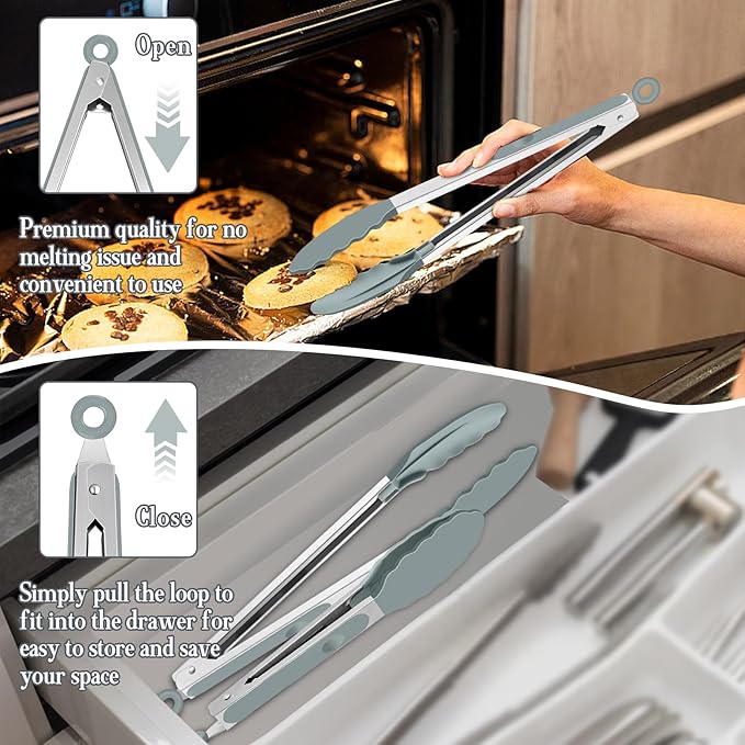 TeamFar Kitchen Tongs, 9" and 12" Stainless Steel Cooking Tongs with Silicone Tips for Cooking Grilling Serving & BBQ, Heat Resistant Silicone Tongs, Locking Design & Dishwasher Safe, Set of 2 & Grey - Image 6