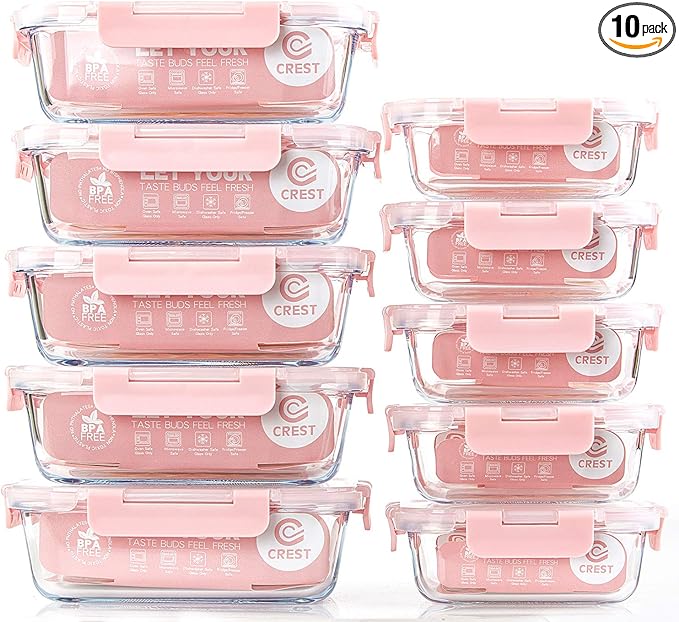 C CREST [10 Pack] Glass Meal Prep Containers, Food Storage Containers with Lids Airtight, Glass Lunch Boxes, Microwave, Oven, Freezer and Dishwasher Safe by CCREST