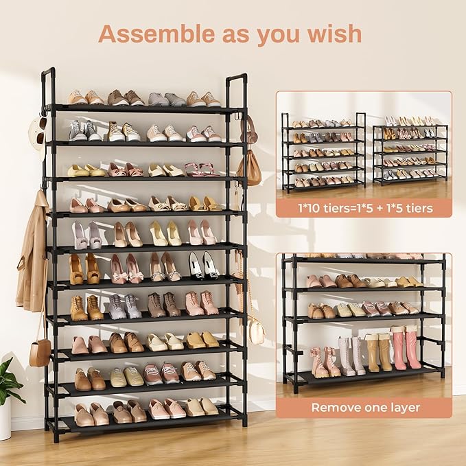 LANTEFUL Tall Shoe Rack 10 Tier Shoe Organizer Large Shoe Shelf with 18 Hooks Storage for 50 Pair, Stackable Vertical Shoe Rack Organizer for Closet, Entryway, Bedroom - Image 6