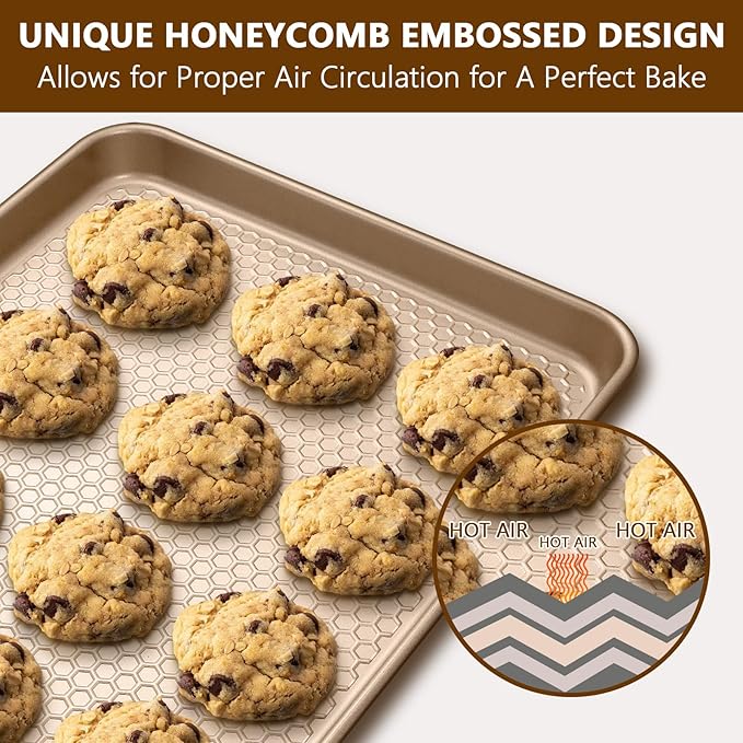 Wildone 2 Pack Half Sheet Baking Pans, Honeycomb Embossed Nonstick Baking Sheet 17.5x12 In, Thicker Carbon Steel Cookie Sheet, Even Heating & Warp Resistant, Champagne Gold - Image 4