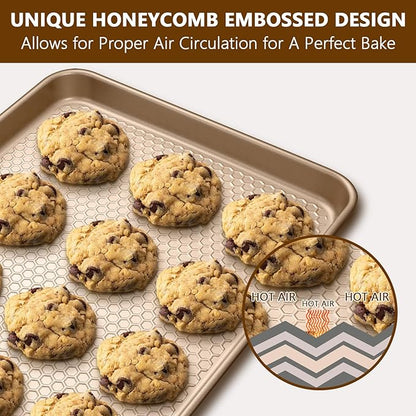Wildone 2 Pack Half Sheet Baking Pans, Honeycomb Embossed Nonstick Baking Sheet 17.5x12 In, Thicker Carbon Steel Cookie Sheet, Even Heating & Warp Resistant, Champagne Gold - Image 4