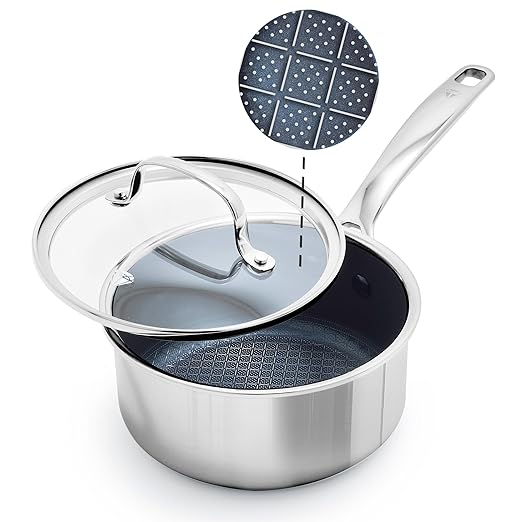 Blue Diamond Hybrid Nonstick Stainless Steel 1.57QT Saucepan with Glass Lid, PFAS-Free Ceramic Diamond Bond Pot, Dishwasher Safe, Stay-Cool Handle, Induction Ready, Compatible with All Cooktops by BlueDiamondCookware