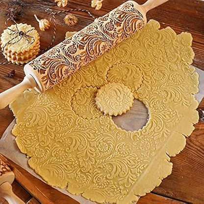 Embossed Wooden Rolling Pin, Embossing Rolling Pin for Baking Fondant, Pizza, Pie, Pastry, Pasta, Dough, Cookies, Suitable Christmas, Father and Mother's Gift